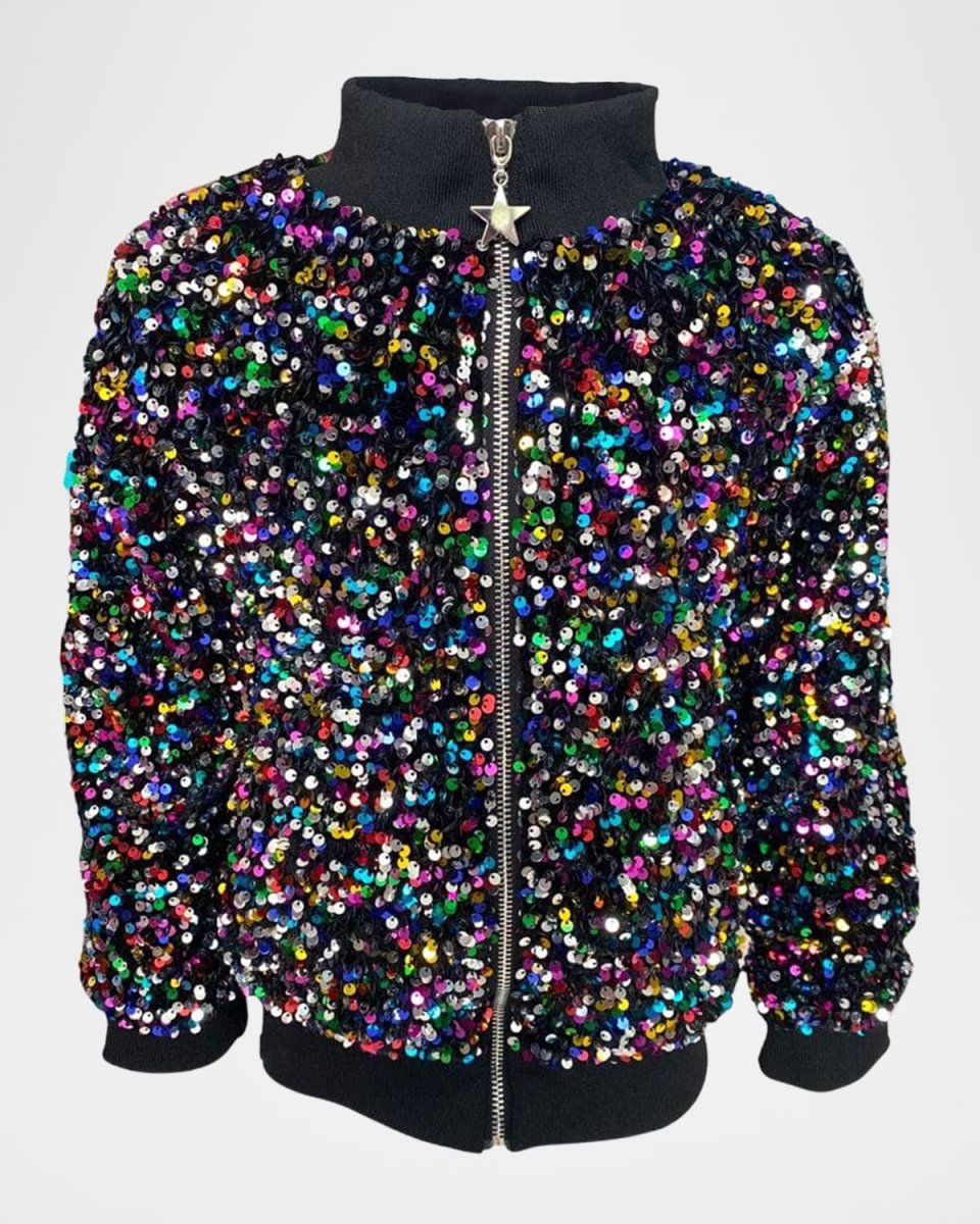Girl's Shimmering Stardust Sequin Bomber Jacket, Size 2-1